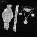 Elegantes 5-teiliges Damen-Silberschmuckset mit Quarzuhr und Armband mit Volldiamanten - Römisches Zifferblatt Doppelarmband Schmuckset (Stil 1) / 5-teiliges Set / Silber