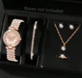 Elegantes Uhrenset mit Schmetterling in Roségold und feinem Strass-Schmuck für Damen - Set 1