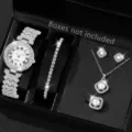 Elegant women's silver quartz watch and jewelry set with diamond and pearl accents - Watch + Rhinestone Bracelet + Artificial Pearl Accessories Set / Silver
