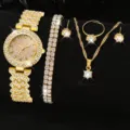 Elegant women's gold-tone rhinestone quartz watch set with matching necklace and bracelet - Numeric Dial Watch + Accessories Set / Gold