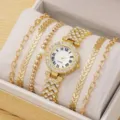 Elegant gold-tone ladies quartz watch with full rhinestone bracelet set of five pieces - Watch + 5-Piece Diverse Bracelet Set / Gold