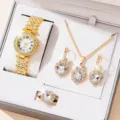 Elegant gold women's jewelry set with rhinestone watch, heart necklace, and ring - Heart Gemstone Necklace Earrings Ring / Gold
