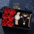 Women's luxury rose gold watch and jewelry gift set with rhinestones and soap roses. - Rhinestone Bracelet + Accessories + Box / Rose Gold