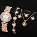 Elegant ladies rose gold rhinestone quartz watch and heart jewelry five-piece set - Heart Rhinestone Bracelet + Heart Rhinestone Accessories / Rose Gold