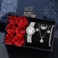 Silver luxury women's rhinestone watch and jewelry gift set featuring elegant red roses - Rhinestone Bracelet + Accessories + Box / Silver