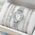 Elegant silver rhinestone quartz watch with matching five-piece bracelet set for women - 5-Piece Bracelet Set / Silver
