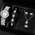 Elegant women's watch and heart jewelry set with sparkling crystals in silver finish - Heart Rhinestone Bracelet + Heart Rhinestone Accessories / Silver