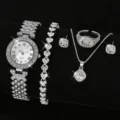 Silver-colored rhinestone jewelry set including watch, bracelet, necklace, and ring - Silver Watch Bracelet and Accessories Set
