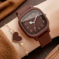 Elegante braune quadratische Quarzuhr mit Silikonarmband und passendem Herzarmband - Uhr und Herz Armband Set (Set 1) / Dunkelbraun