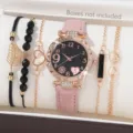 Elegantes Damenuhren-Set mit rosa Lederband und vier passenden goldenen Armbändern - Schwarzes Blatt Rosa Set (Ohne Box) / Rosa