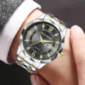 Luxuriöse Quarz-Herrenuhr mit facettierter Lünette, Diamant-Indizes und zweifarbigem Stahlband - Silber-Gold-Band Schwarzes Zifferblatt Stil 2