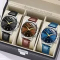 Three men's quartz watches with leather straps in black, brown and blue - Three-Color Watch Combo Set / Multicolor