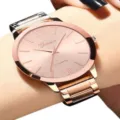 Minimalistische roségoldene Damen-Quarzuhr mit Edelstahlband und römischem Zifferblatt - Roségold