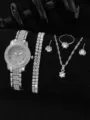 Silbernes Full-Diamond-Stahluhr- und Schmuckset mit Halskette Ohrringen Armband - Silber Business Zifferblatt (11)