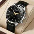 Elegant men's quartz watch with black leather strap and gold-tone indices. - Black Strap Black Dial Business Style (XR5380) / Black