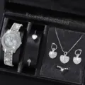 Silbernes Strass-Uhrenset mit Herzschmuck, Halskette und Ohrringen - Silber Herz Zifferblatt (16)