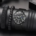 Herren Gaiety Business-Uhr-Set mit schwarzem Nylonband und drei passenden Armbändern - Uhr + Armband Set / Schwarze Segeltuchuhr