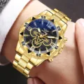 Luxuriöse goldene Quarz-Herrenuhr mit Blaulichtglas und dekorativen Hilfszifferblättern - Goldenes Gehäuse Schwarzes Zifferblatt (Stil 4)