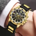 Moderne Herren Quarzuhr mit goldfarbenem Gehäuse und einem schwarzen Silikonarmband - Schwarzes Silikonarmband Schwarzes Zifferblatt Goldenes Gehäuse (Stil 5)