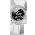 Elegante Damenuhr mit weißem Lederarmband und schwarzem Zifferblatt mit Schmetterlingsmuster - Mode Schmetterling Dekor Lederarmband Uhr / Silber