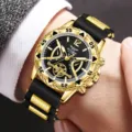 Gold-schwarze Herren Quarzuhr Mode mit dekorativen Zifferblättern und Silikonarmband - Goldenes Gehäuse Schwarzes Zifferblatt Schwarzes Silikonarmband (Stil 6) / Schwarz