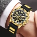 Luxuriöse goldene Herren-Quarzuhr mit schwarzem Silikonarmband und Metalleinsätzen - Silikonarmband (Stil 10) / Schwarz/Gold