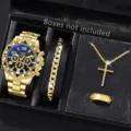 Goldenes Herren Quarz Uhrenset mit passendem Armband, Kreuzhalskette und Siegelring - Goldene Kast Schwarzes Zifferblatt (Stil 1) mit 4-teiligem Zubehör-Set