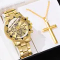 Luxuriöse goldfarbene Herren-Quarzuhr mit Zifferblättern und Kreuz-Halskette im Geschenkset - Goldene Kast Goldenes Zifferblatt (Stil 1) + Kreuzhalskette