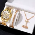 Herren-Armbanduhr-Geschenkset in Gold mit Blaulicht-Quarzglas und Metallarmband - Goldene Kast Goldenes Zifferblatt (Stil 1) mit 4-teiligem Zubehör-Set