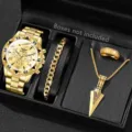 Luxuriöses goldenes Herrenuhren-Set mit Armband, Kette und Ring-Accessoires - Goldene Kast Goldenes Zifferblatt (Stil 1) mit Pfeil-Halskette 4-teiliges Set