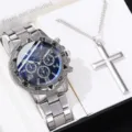 Silberne Herren-Quarzuhr mit blauem Zifferblatt und Kreuzanhänger-Halskette - Silbernes Gehäuse Schwarzes Zifferblatt (Stil 1) + Kreuzkette