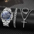Herren-Quarzuhr-Set in Silber mit blauem Zifferblatt, Armband, Ring und Kreuzkette. - Silbernes Gehäuse Schwarzes Zifferblatt (Stil 1) + Zubehör 3