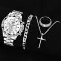 Herren-Luxus-Quarzuhr-Set in Silber mit Panzerarmband und Kreuzanhänger-Halskette - Silbernes Gehäuse Weißes Zifferblatt (Stil 1) + Zubehör 1