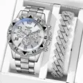 Silberne Iced Out Herren Quarzuhr und Strass Armband Set im luxuriösen Design Stil - Silbernes Gehäuse Weißes Zifferblatt (Stil 1) + Armband