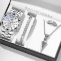 Modisches Herren Quarzuhren Set mit Halskette Armband und Ring in Silber Design - Zubehör-Set 2 (Stil 1) / Silber Weiß Zifferblatt