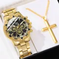 Goldenes Herren-Quarzuhr- und Kreuzketten-Set mit dekorativem Chronographen-Design - Uhr + Kreuzkette (Stil 4) / Goldfarbe Schwarz