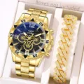 Luxuriöses Herren-Gold-Quarzuhr-Set mit Blaulichtglas und Strass-Cuban-Gliederkette-Armband - Uhr + Armband (Stil 4) / Goldfarbe Schwarz