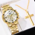 Elegantes goldenes Herren-Quarzuhr- und Kreuzhalsketten-Set in Luxusschmuck-Präsentation - Uhr + Kreuzkette (Stil 4) / Goldgehäuse Silbernes Zifferblatt