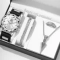 Professionelles Schmuckset für Herren mit Quarzuhr, Panzerarmband, Pfeilhalskette und Ring - Silikon Schwarzes Armband Silbernes Gehäuse Silbernes Zifferblatt (Stil 6) + Zubehör