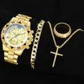 Luxuriöses goldfarbenes Herren-Quarzuhren-Set mit Armband, Halskette und Ring. - Goldenes Gehäuse Weißes Zifferblatt (Stil 7) + Zubehör