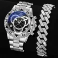 Silberne Herren-Quarzuhr mit blauem Glas und funkelndem Iced-Out-Armbandset im Cuban-Link-Stil - Silbernes Gehäuse Schwarzes Zifferblatt (Stil 7) + Armband