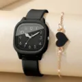 Modische schwarze quadratische Silikon-Quarzuhr und Roségold-Herzarmband-Set - Uhr und Herz Armband Set (Set 5) / Schwarz