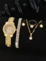 Luxuriöses, vereistes Uhren- und Schmuckset mit Goldfinish und funkelnden Kristallen - Gold Vollstrass Zifferblatt (9)