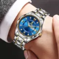 Luxuriöse Herren-Quarzuhr mit blauem Zifferblatt, Datumsanzeige und Stahlarmband in Bicolor - Silber-Gold-Band Blaues Zifferblatt Stil 3 (Groß)