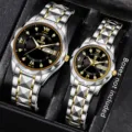 Elegante Partner-Quarzuhren mit Diamantindizes und zweifarbigem Stahlarmband Set - Silber-Gold-Band Schwarzes Zifferblatt Stil 3 (Set)