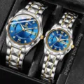 Elegante Quarzuhr mit blauem Zifferblatt und Steinchen auf zweifarbigem Stahlband - Silber-Gold-Band Blaues Zifferblatt Stil 3 (Set)