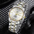 Herren Quarz Uhr mit gold-silbernem Edelstahlband in Rautenoptik und Kalender - Gold-Silber Weiß