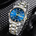 Elegante Herrenquarzuhr mit blauem Zifferblatt und diamantförmigem Stahlarmband - Zweifarbig Gold Blaues Zifferblatt