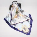 Detail view of a 90cm satin square silk scarf featuring classic vintage marine and baroque prints. - D9036-Blue