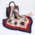 Women's 90cm square silk scarf, baroque paisley print satin headscarf for stylish daily wear. - D9023-Navy and Red